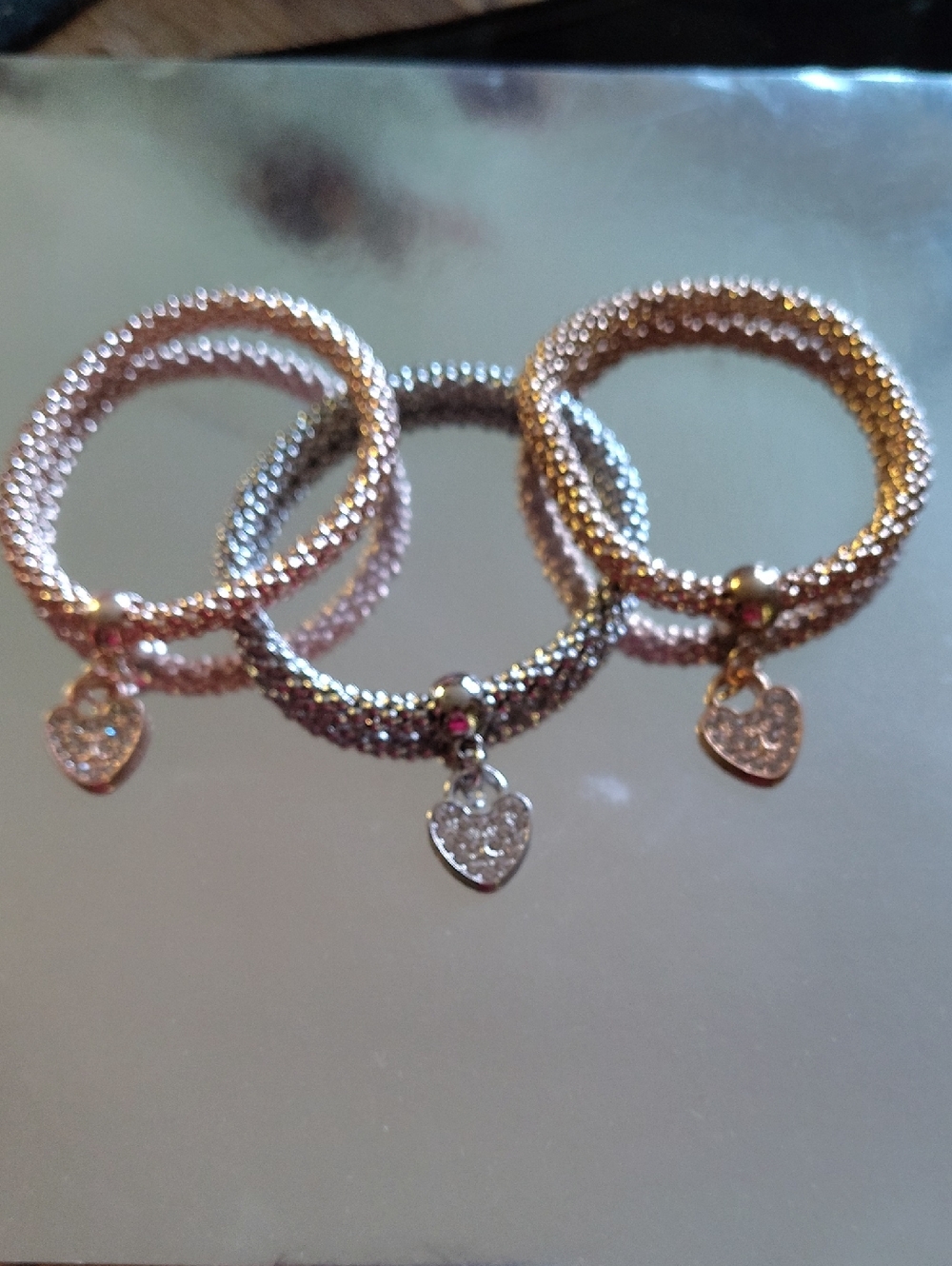 Fashion Jewelry Tri-Color Sparkle Heart Charm Stretch Bracelet Set